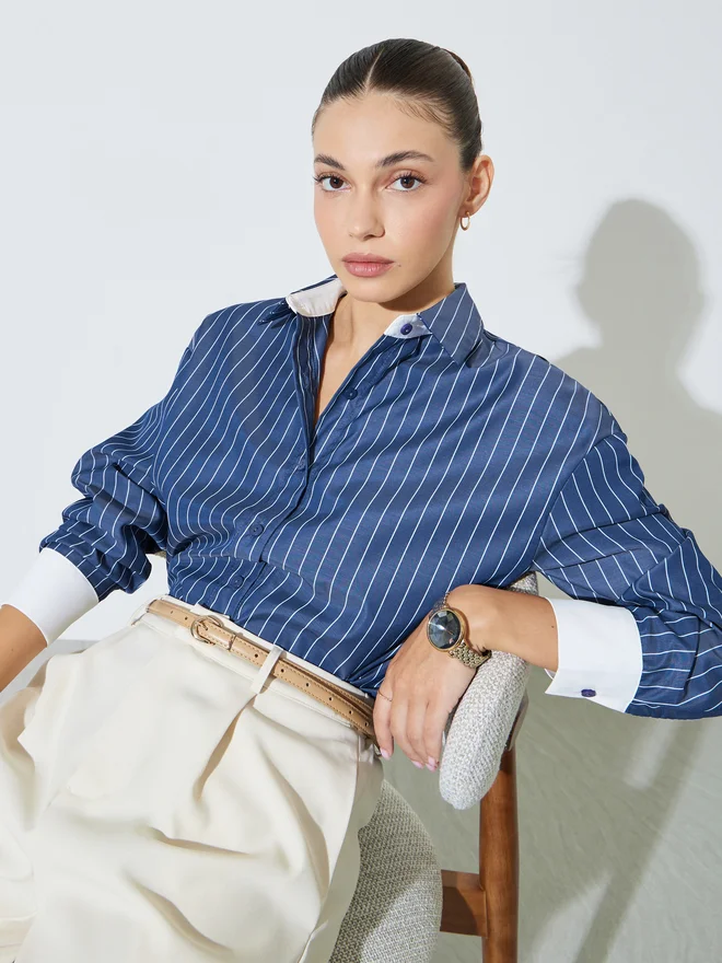 Styli Styli Navy Blue Striped Oversized Shirt
