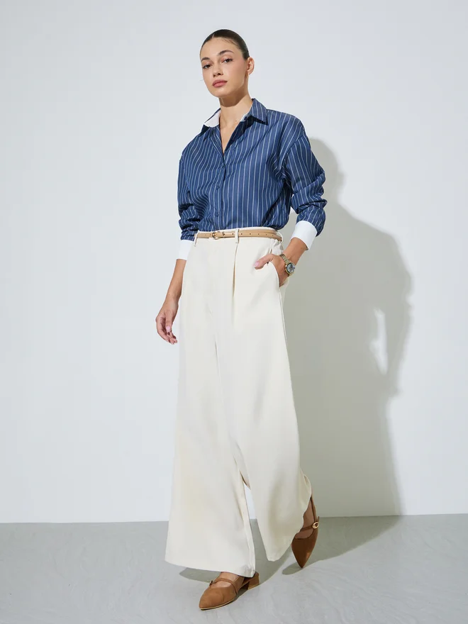 Styli Styli Navy Blue Striped Oversized Shirt