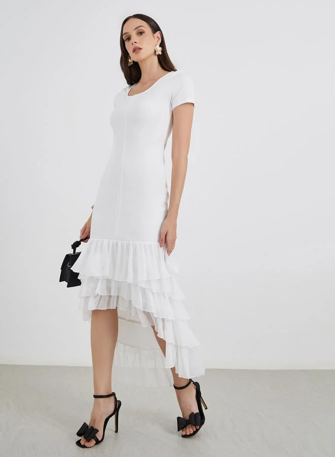 Styli Styli Plain Layered Frill High-Low Hem Sheath Maxi Dress