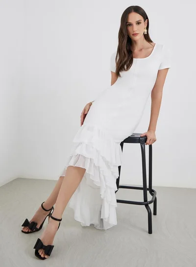 Styli Plain Layered Frill High-Low Hem Sheath Maxi Dress