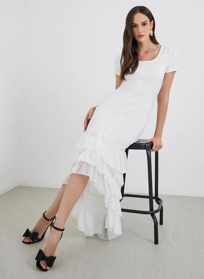 Styli Styli Plain Layered Frill High-Low Hem Sheath Maxi Dress