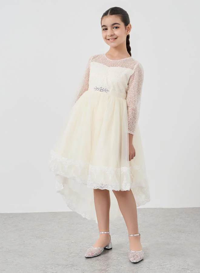 Styli Styli Girls Off White Embroidered High Low Hem Mesh Dress