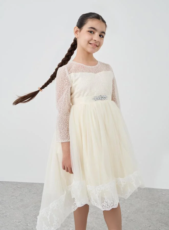 Styli Styli Girls Off White Embroidered High Low Hem Mesh Dress