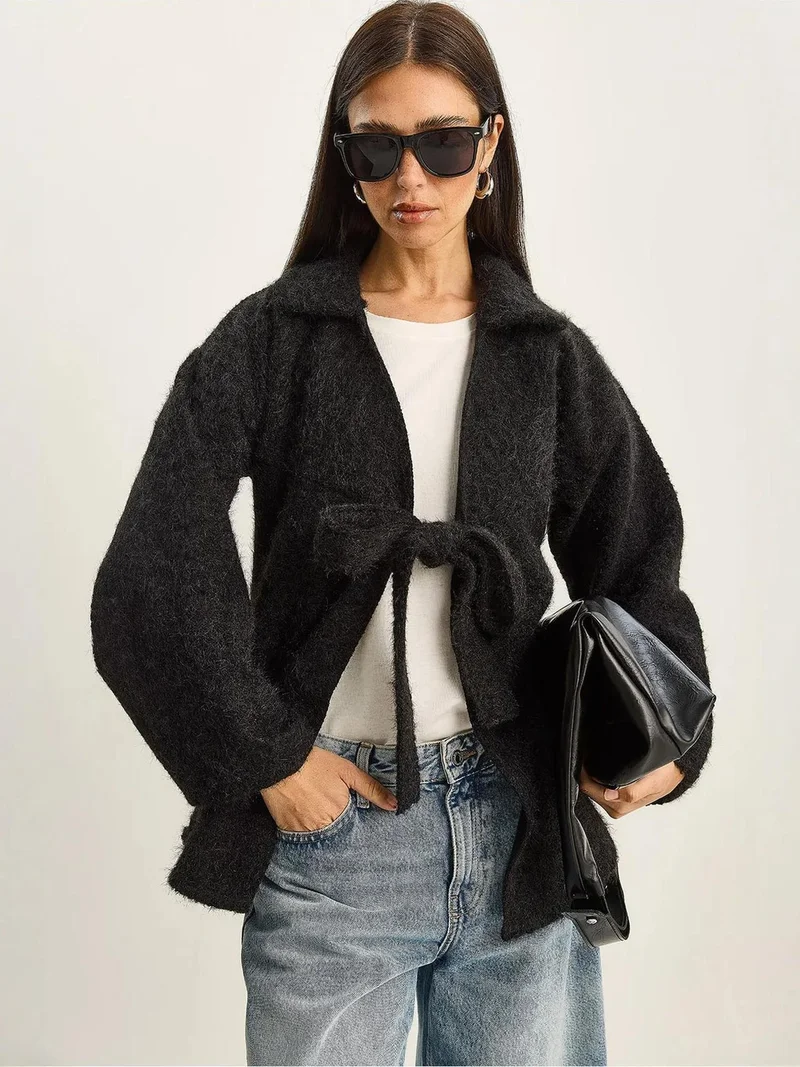 LUCCI Textured Oversized V-Neck Tie Closure Cardigan