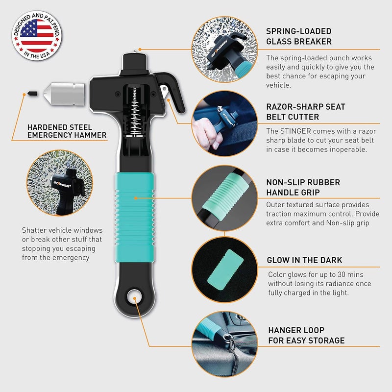 STINGER Super Duty Car Emergency Escape Tool - Hardened Carbon Steel Safety Hammer, Spring-Loaded Window Breaker, Razor-Sharp Seat Belt Cutter, Life-Saving Rescue Tool (One Green) - Image 3