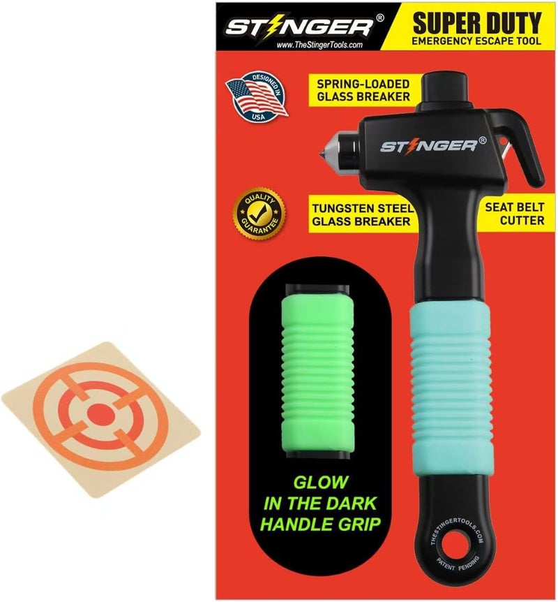 STINGER Super Duty Car Emergency Escape Tool - Hardened Carbon Steel Safety Hammer, Spring-Loaded Window Breaker, Razor-Sharp Seat Belt Cutter, Life-Saving Rescue Tool (One Green) - Image 1