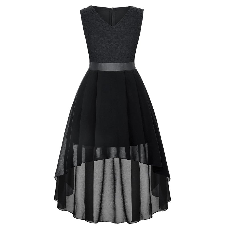 Binboll Girl Dress Sleeveless Elegant V Neck Vintage Girls Formal Bridesmaid Hi-Lo Hem Chiffon Long Party Dress(Black,11-12Y - Image 1
