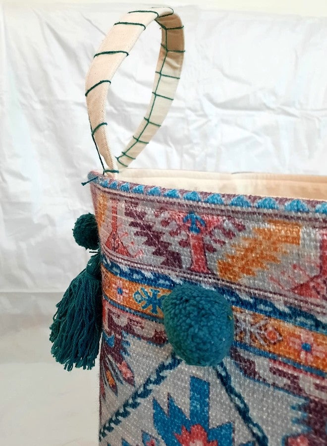 pepme Large Printed Cotton Canvas Laundry Bag, Storage Basket for Clothes, Blankets, Living Room (16x18 Inches, Multicolor, Handles, Tassles) - Image 2