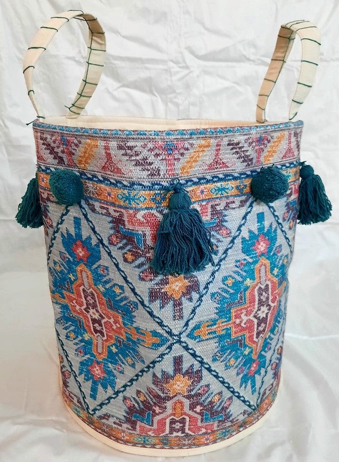 pepme Large Printed Cotton Canvas Laundry Bag, Storage Basket for Clothes, Blankets, Living Room (16x18 Inches, Multicolor, Handles, Tassles) - Image 1