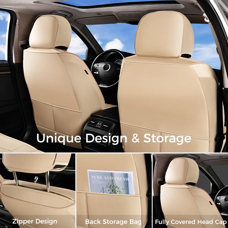 Huidasource Beige Seat Covers, Car Seat Covers Front ï¼† Split Rear Bench, Seat Covers Full Set, Nappa Leather Seat Cover Protector Universal Fit for Most Cars, Vans, Trucks, SUVs (Full Set/Beige) - Image 4