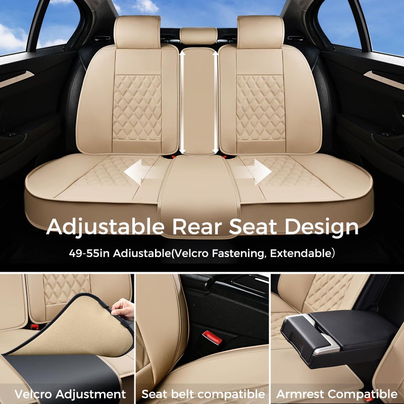 Huidasource Beige Seat Covers, Car Seat Covers Front ï¼† Split Rear Bench, Seat Covers Full Set, Nappa Leather Seat Cover Protector Universal Fit for Most Cars, Vans, Trucks, SUVs (Full Set/Beige) - Image 5