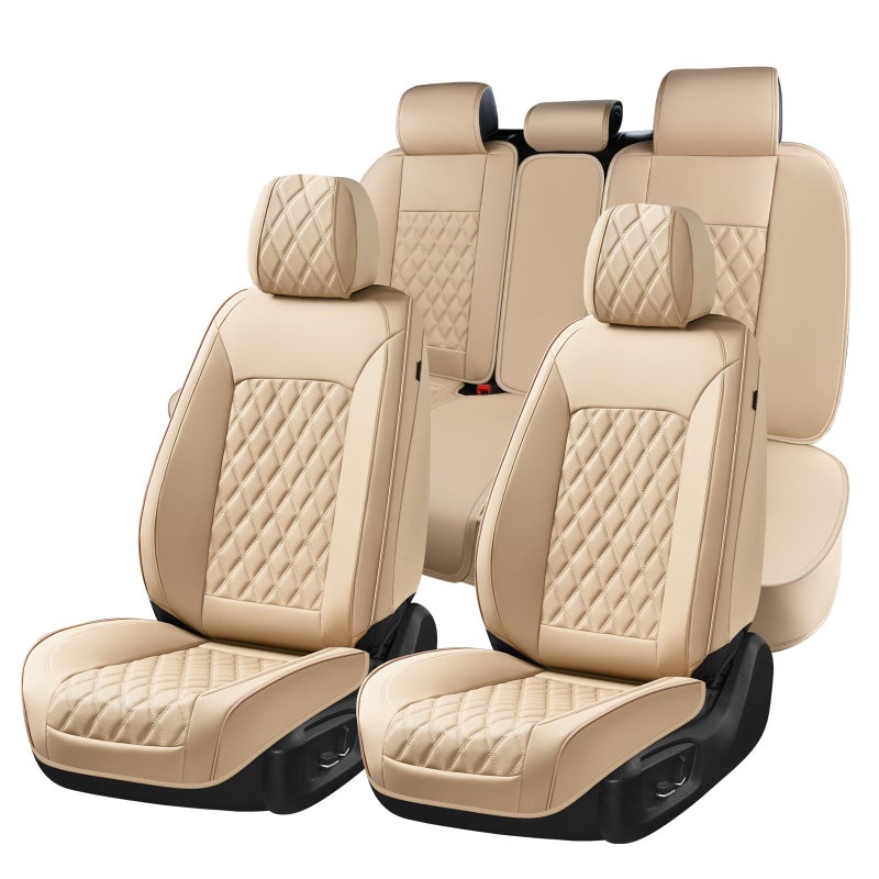 Huidasource Beige Seat Covers, Car Seat Covers Front ï¼† Split Rear Bench, Seat Covers Full Set, Nappa Leather Seat Cover Protector Universal Fit for Most Cars, Vans, Trucks, SUVs (Full Set/Beige) - Image 1