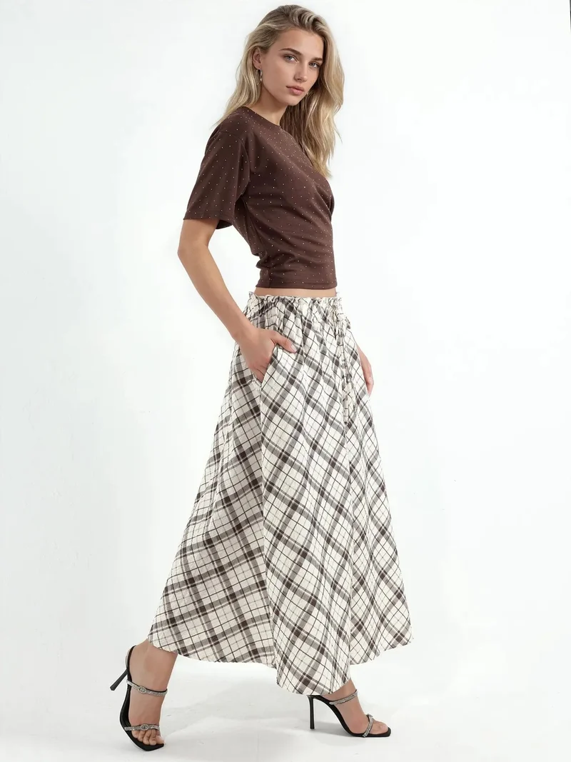 Busem BUSEM High-Waist Plaid Midi A-Line Skirt