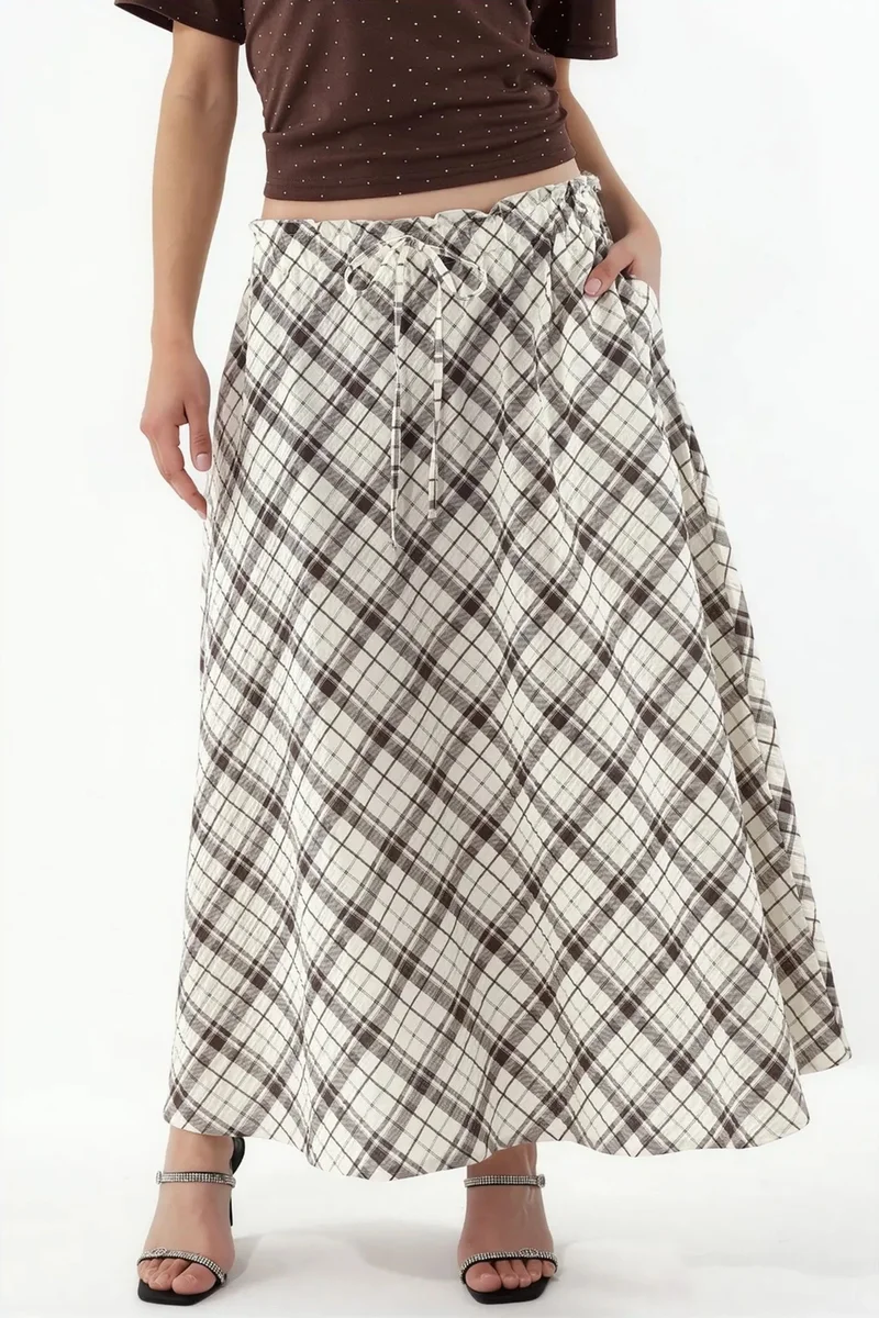 BUSEM High-Waist Plaid Midi A-Line Skirt