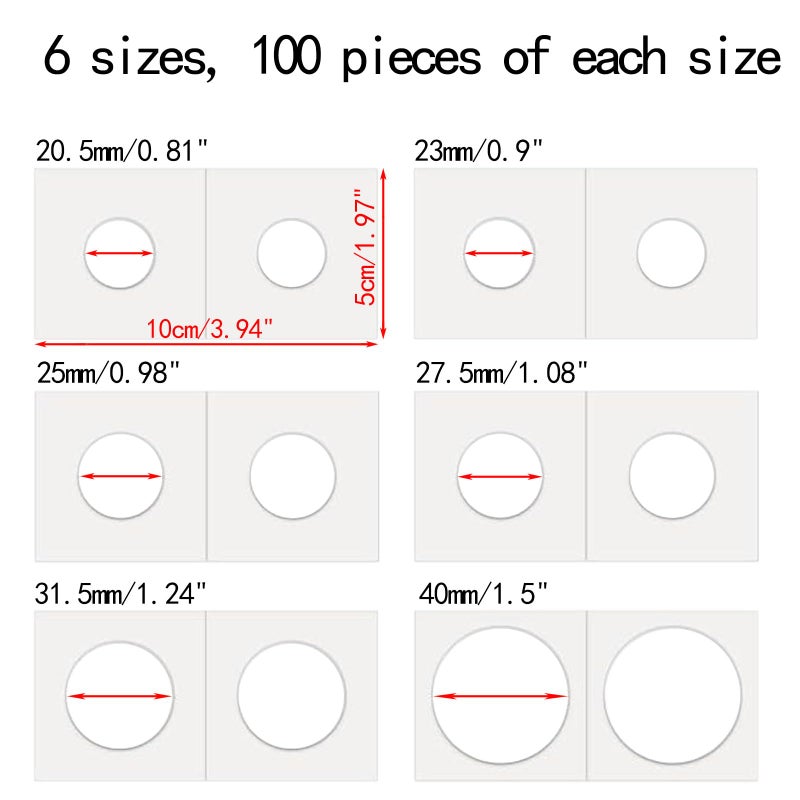 Xxmbbjy 600 Pcs Coin Flips 6 Assorted Sizes 2" x 2" Cardboard Coin Holders Mylar Coin Flips for Colletors Coin Collection Supplies for Dime, Dollars, Penny, Quarter, Nickels Collecting - Image 2
