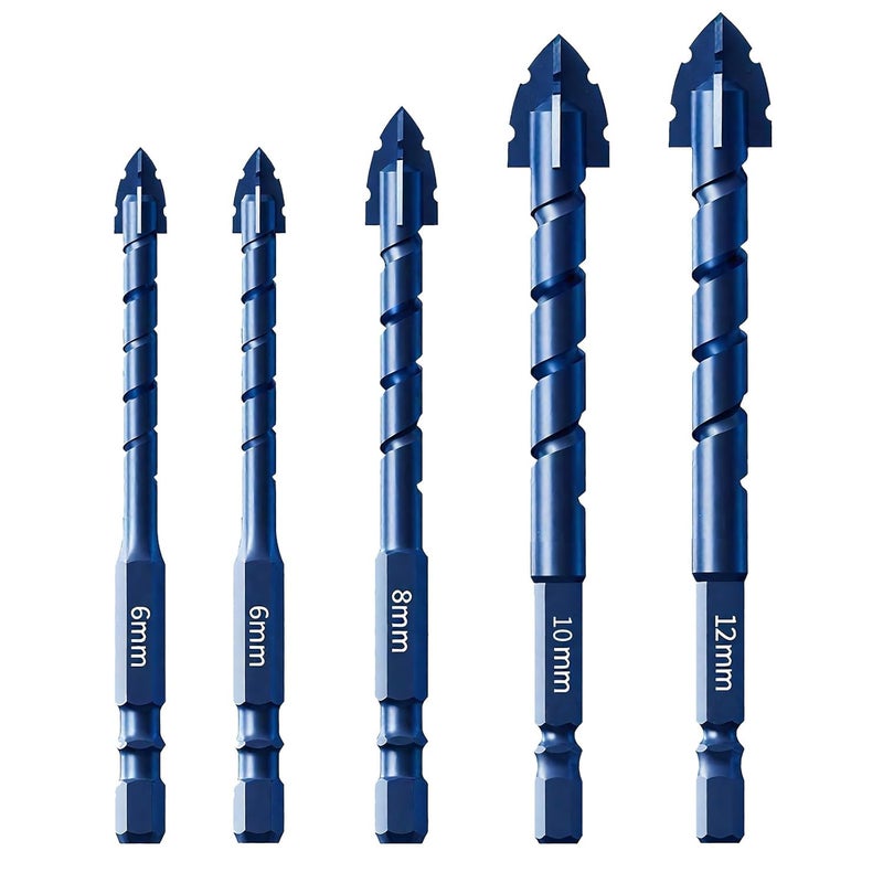 SYOSI Serrated Masonry Drill Bit Set, Carbide Tipped Concrete Drill Bits for Tile, Glass, Brick, Wood, Plastic, Industrial Strength Professional Hex Shank Set, Blue, 5PCS, 6/8/10/12mm - Image 1