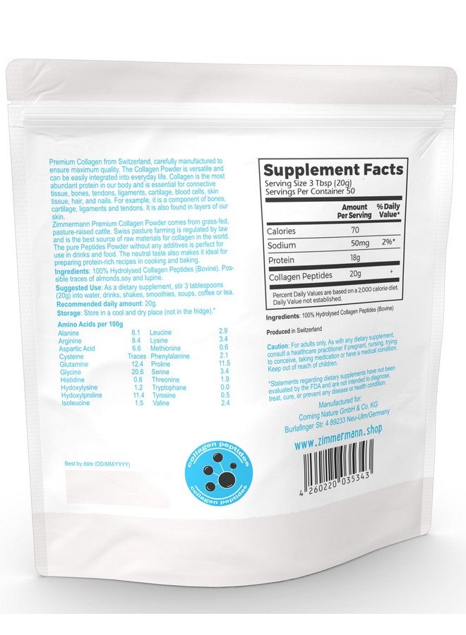 ZIMMERMANN مسحوق ببتيدات الكولاجين من زيمرمان 2.2 رطل 1000 جرام، منتج من سويسرا، من حيوانات تتغذى على العشب، مهدرج، بدون نكهة، للنساء والرجال - دعم الشعر والبشرة والأظافر والمفاصل، كيتو، النوع الأول والثالث. - Image 2