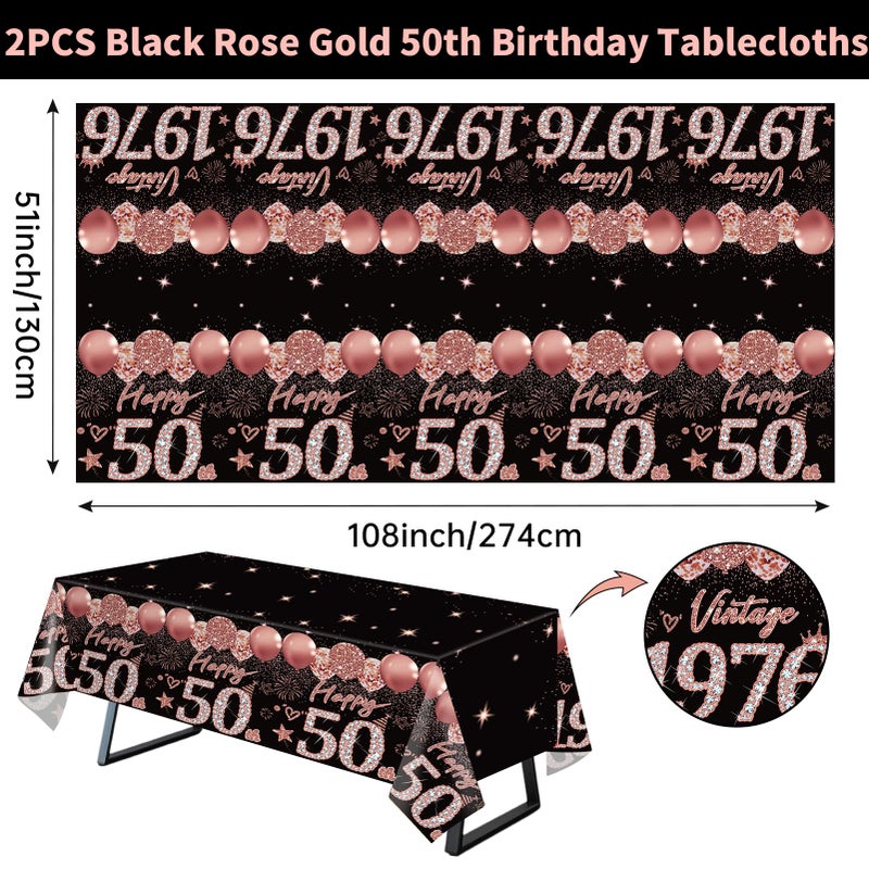 Uiorgui 2pcs 50th Birthday Tablecloth, Black Rose Gold 50th Birthday Decorations for Woman Vintage 1976 Table Cloth Plastic Rectangular Table Cover Happy 50 Anniversary Party Supplies - Image 2