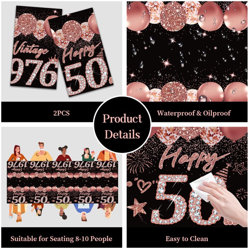 Uiorgui 2pcs 50th Birthday Tablecloth, Black Rose Gold 50th Birthday Decorations for Woman Vintage 1976 Table Cloth Plastic Rectangular Table Cover Happy 50 Anniversary Party Supplies - Image 3