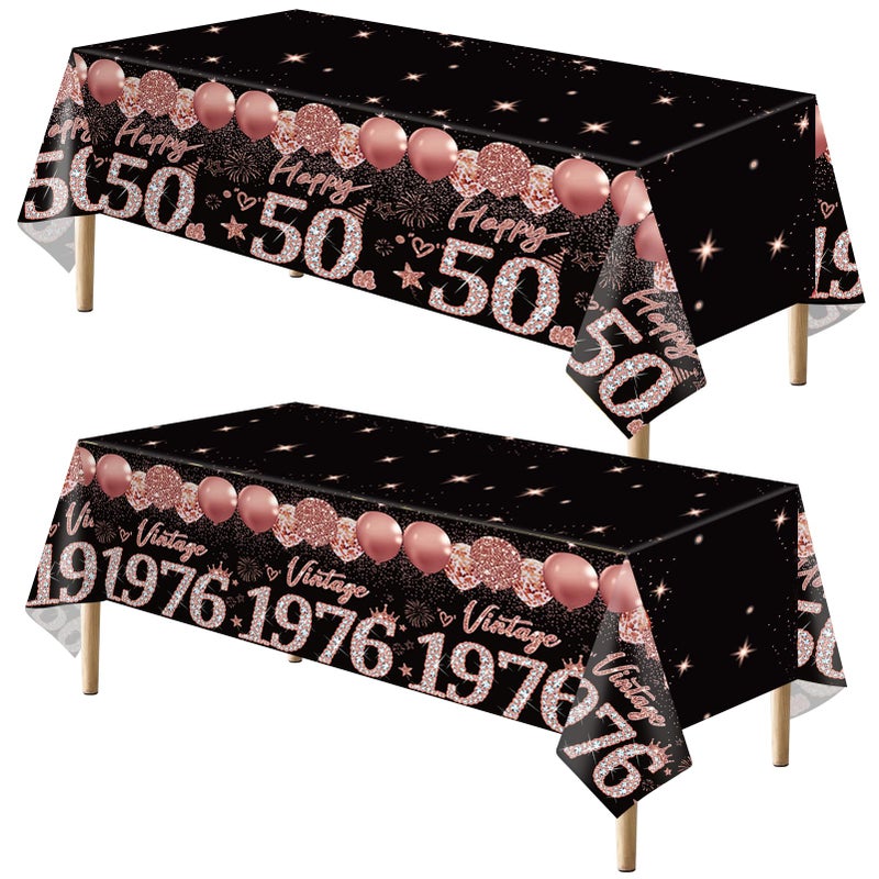 Uiorgui 2pcs 50th Birthday Tablecloth, Black Rose Gold 50th Birthday Decorations for Woman Vintage 1976 Table Cloth Plastic Rectangular Table Cover Happy 50 Anniversary Party Supplies - Image 1