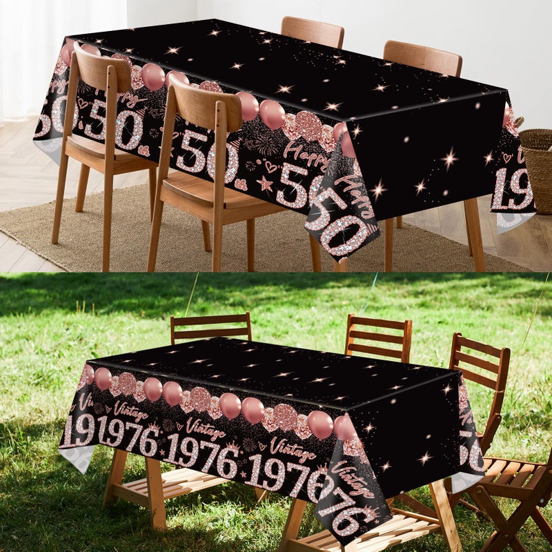 Uiorgui 2pcs 50th Birthday Tablecloth, Black Rose Gold 50th Birthday Decorations for Woman Vintage 1976 Table Cloth Plastic Rectangular Table Cover Happy 50 Anniversary Party Supplies - Image 5