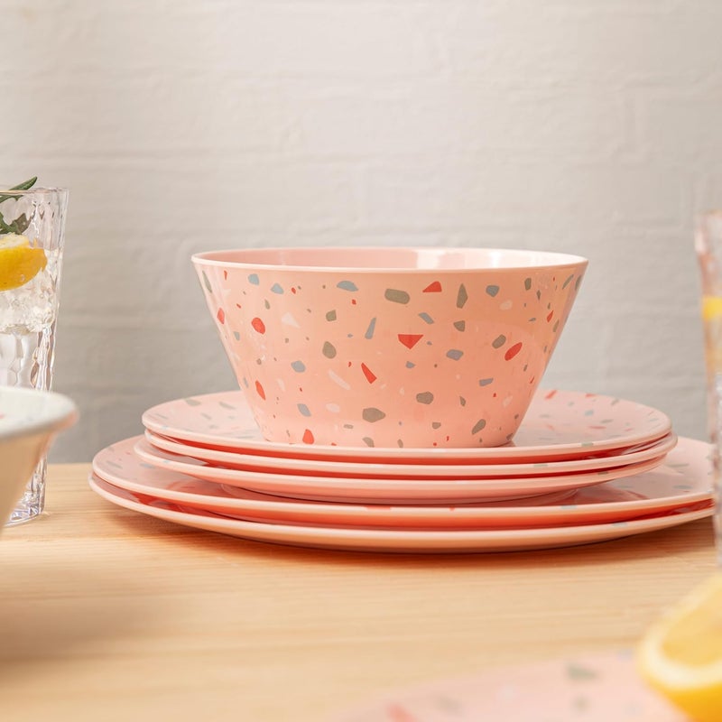 bzyoo 12-Piece Melamine Dinnerware Set - Confetti Pink Plates and Bowl Lightweight BPA-Free Dishwasher Safe Dish Set for Indoor & Outdoor Use - Perfect for Camping, BBQs, Kids Parties - Image 5