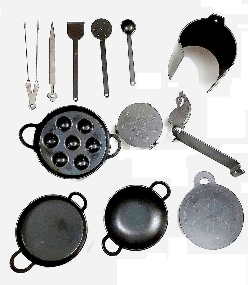 Jayam Traditional Iron Miniature Kitchen Set For Kids Real Cooking / 12 Pieces,Black - Image 2