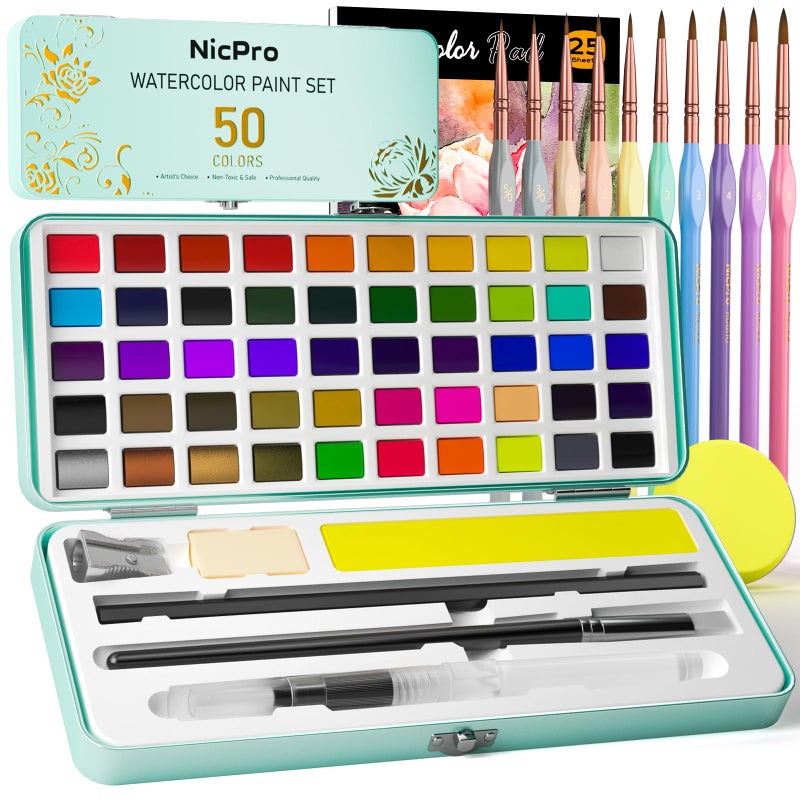 Nicpro 50 Colors Watercolor Paint Set, Including Metallic & Fluorescent Color, 8PCS Pastel Detail Painting Brush, Water Color Paper, Palette, Art Supplies Kit for Artist Adult Beginner with Gift Box - Image 1