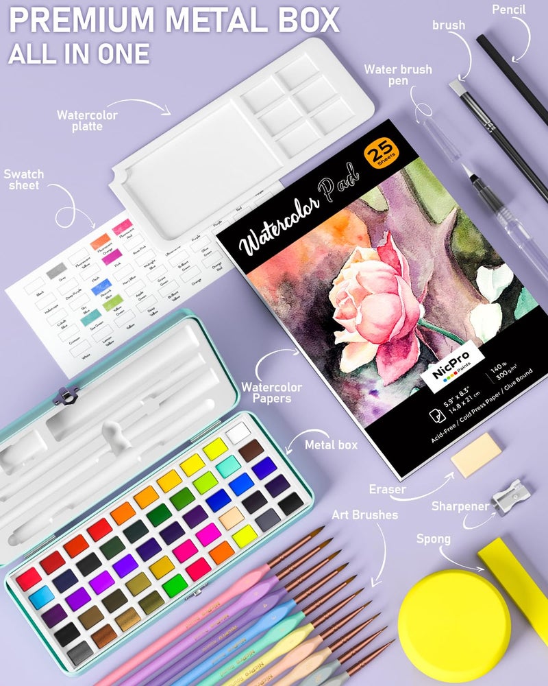 Nicpro 50 Colors Watercolor Paint Set, Including Metallic & Fluorescent Color, 8PCS Pastel Detail Painting Brush, Water Color Paper, Palette, Art Supplies Kit for Artist Adult Beginner with Gift Box - Image 2