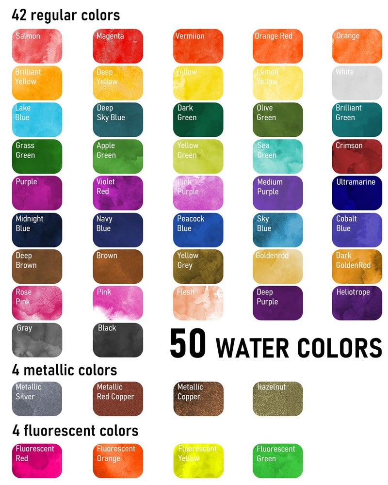 Nicpro 50 Colors Watercolor Paint Set, Including Metallic & Fluorescent Color, 8PCS Pastel Detail Painting Brush, Water Color Paper, Palette, Art Supplies Kit for Artist Adult Beginner with Gift Box - Image 5