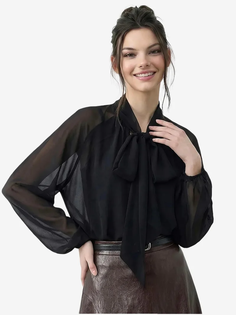 بيانكو لوتشي LUCCI Choker Collar Chiffon Blouse with Tie Detail
