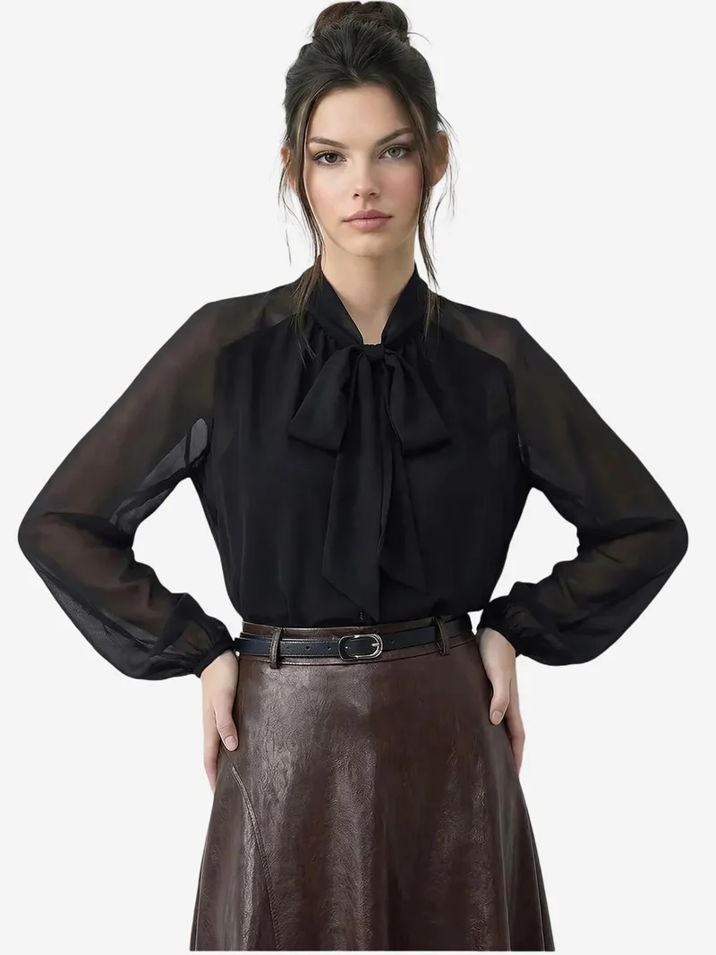 بيانكو لوتشي LUCCI Choker Collar Chiffon Blouse with Tie Detail