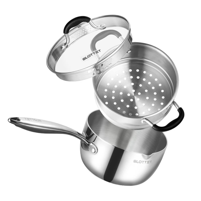 SLOTTET 3.5 Quart Stainless Steel Saucepan with Steamer, Tri-Ply Full Body Small Multipurpose Pot with Pour Spout,Strainer Glass Lid, 3 Qt Sauce Pan for Cooking with Stay-cool Handle. - Image 1