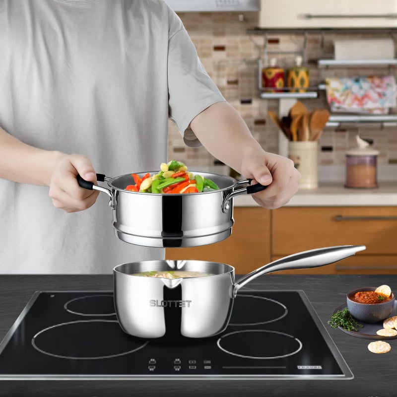 SLOTTET 3.5 Quart Stainless Steel Saucepan with Steamer, Tri-Ply Full Body Small Multipurpose Pot with Pour Spout,Strainer Glass Lid, 3 Qt Sauce Pan for Cooking with Stay-cool Handle. - Image 2