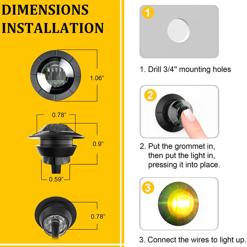 BJZ 3/4" Round Trailer Marker LED Lights Amber to Green Dual Color Side Clearance Tail Bullet Light 12V 4LED Indicator Light w/Smoked Lens for Trailer Truck Van RV ATV Bus, 10Pcs - Image 5