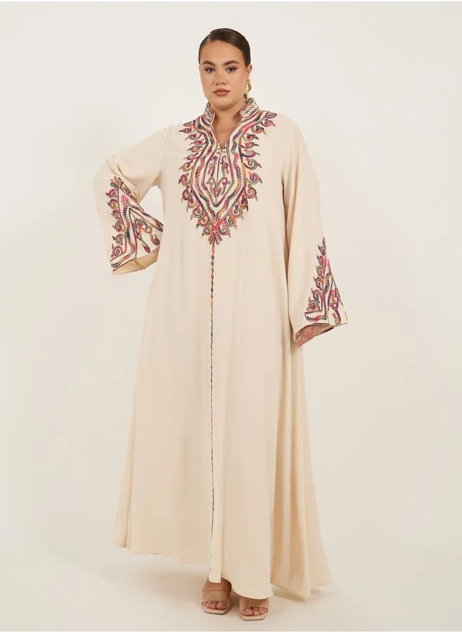 Styli Plus Size Stand Collar Embroidered A-Line Jalabyia