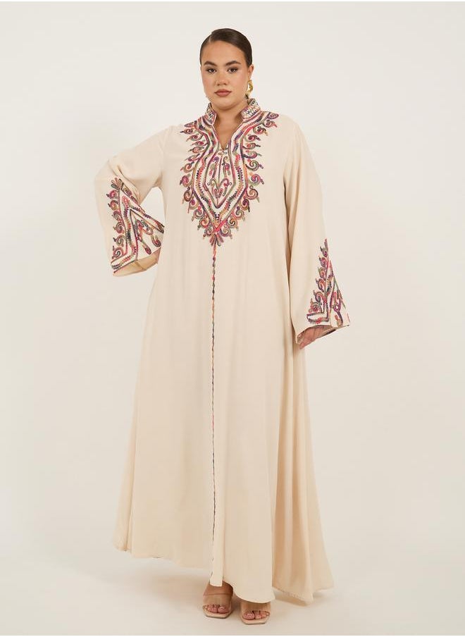 Styli - Plus Size Stand Collar Embroidered A-Line Jalabyia - Image 1