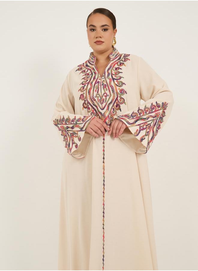 Styli - Plus Size Stand Collar Embroidered A-Line Jalabyia - Image 1