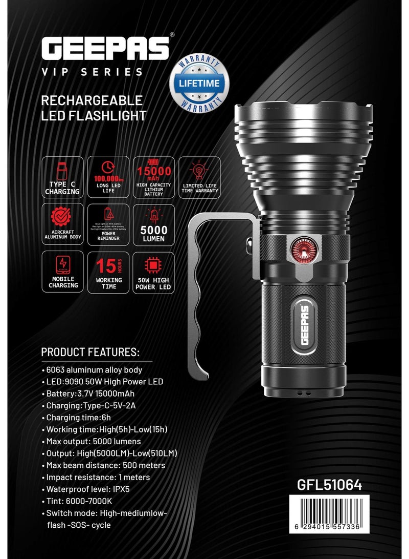 GEEPAS Professional Rechargeable LED Flashlight- GFL51064/ 50W, 6000-7000K, 5000 LM, Perfect for Indoor and Outdoor Use, 15000mHA High Capacity Lithium Battery,15 Hours Continuous Working/ with Aircraft Aluminum Housing, Waterproof IPX5 - Image 4