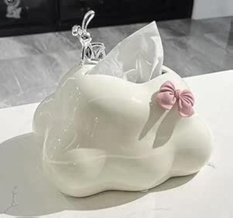 White Ceramic Rabbit Napkin Holder with Pink Bow, Silver Accents