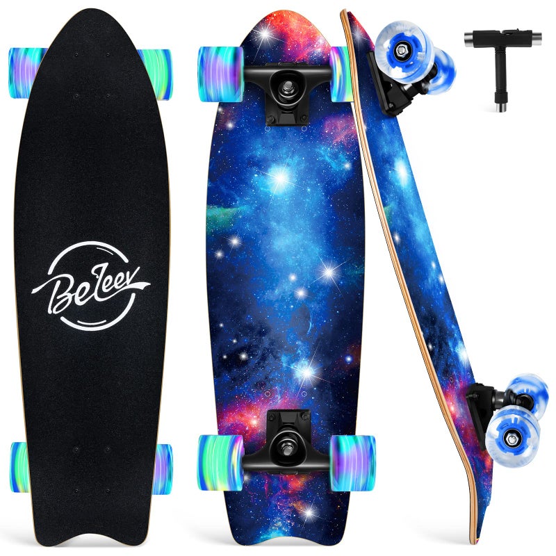 لوحات التزلج BELEEV للأطفال 27x8 بوصة لوح تزلج كامل للمبتدئين والمراهقين والبالغين 7 طبقات من خشب القيقب الكندي مع سطح مزدوج مقعر لوح تزلج مع عجلات مضيئة LED نيبولا