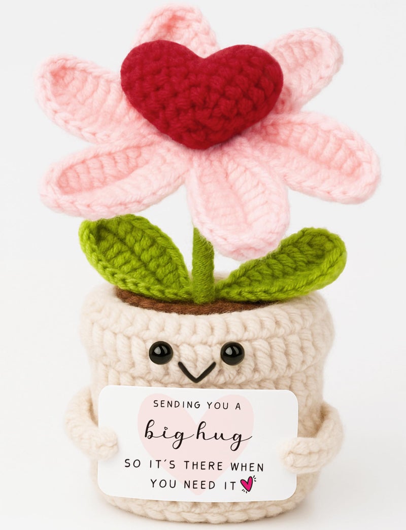 Frabaca Thinking of You Gifts for Women Crochet Heart Flower Plant - Sending You A Big Hug - Cute Handmade Desk Decor Gift Baskets - Unique Get Well Soon, Sympathy, Friendship for Her Him - Image 1