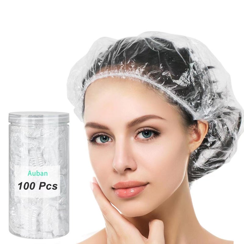 Auban Disposable Shower Cap, 100 PCS Hair Cap Thickening Clear Plastic Waterproof Bath Caps for Hair Treatment, Spa Salon Hotel and Home Use, Portable Travel(17.3) - Image 1