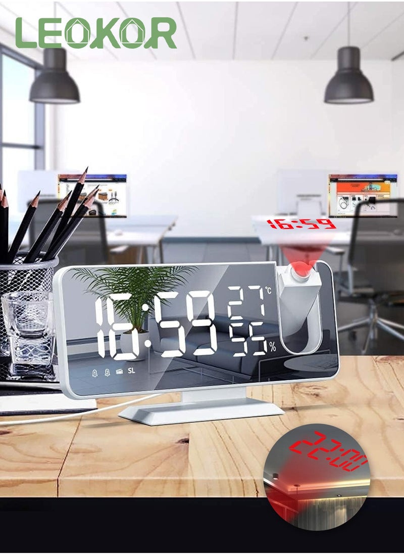 LEOKOR ساعة منبه رقمية مع شاحن USB وراديو FM ودرجة الحرارة والرطوبة وسطح مرآة LED كبير الحجم 7.4 بوصة مع وضع التعتيم  - Image 1