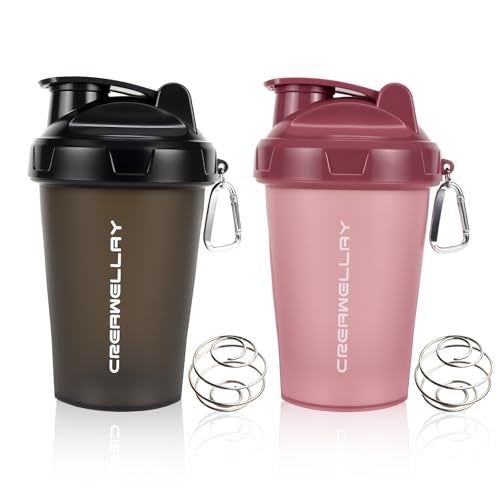 CREAWELLAY 2 Pack Shaker Bottles for Protein Mixes, 17 oz Small Protein Shaker Bottle with Handle, Gym Shaker Cups with Blending Ball for Pre Workout, BPA-Free & Dishwasher Safe (Black, Pink) - Image 1