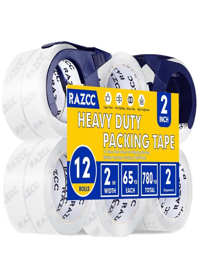 RAZCC Clear Packing Tape, 12 Rolls Heavy Duty Packaging Tape with Dispensers for Packing Shipping Moving and Sealing, Thicker Packing Tape-2" x 65 Yards Per Roll, 780 Total Yards - Image 1