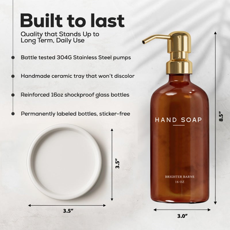 Brighter Barns Luxury Glass Hand Soap Dispenser Bathroom Set by Brighter Barns - Refillable Liquid Hand Soap Dispenser Set for Kitchen - Gold Bathroom Decor and Accessories for Airbnb, Spa, Hotel, Gifts (Amber/Gold) - Image 3