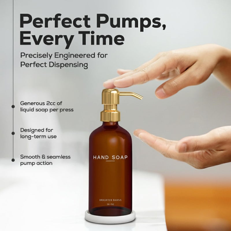 Brighter Barns Luxury Glass Hand Soap Dispenser Bathroom Set by Brighter Barns - Refillable Liquid Hand Soap Dispenser Set for Kitchen - Gold Bathroom Decor and Accessories for Airbnb, Spa, Hotel, Gifts (Amber/Gold) - Image 4