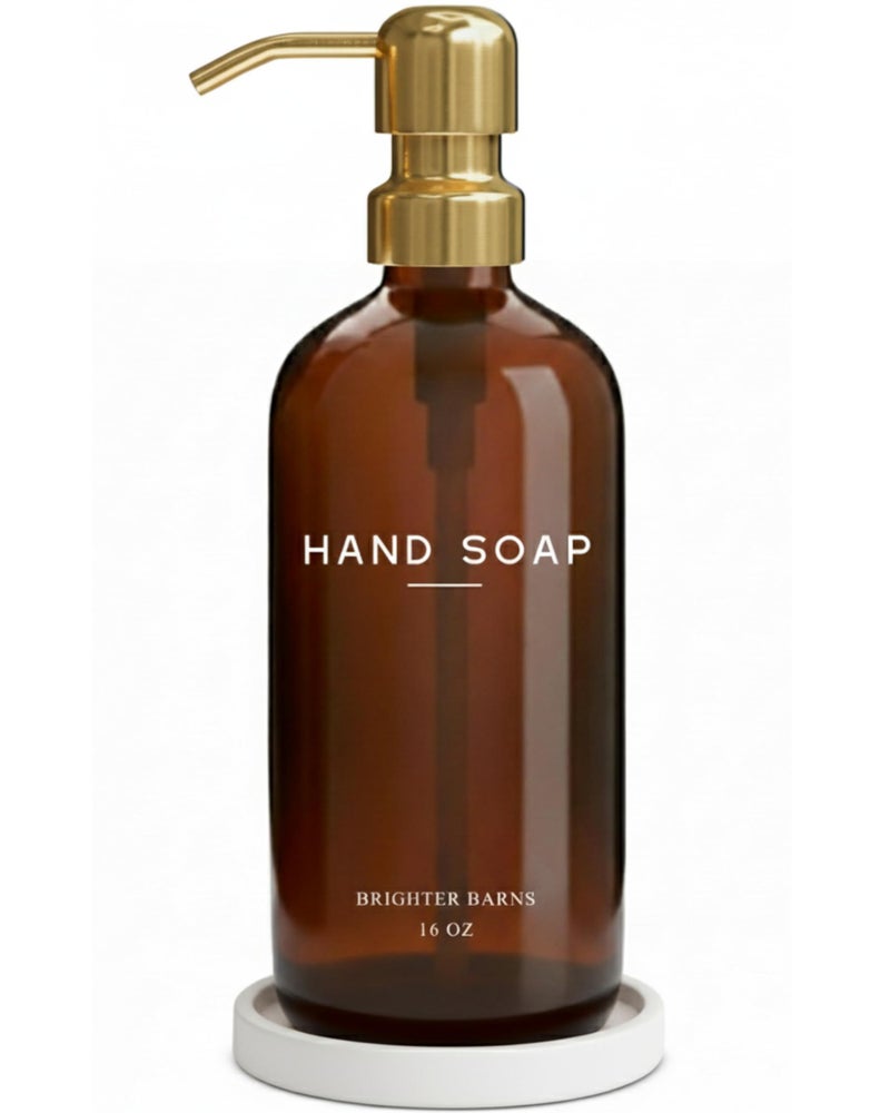 Brighter Barns Luxury Glass Hand Soap Dispenser Bathroom Set by Brighter Barns - Refillable Liquid Hand Soap Dispenser Set for Kitchen - Gold Bathroom Decor and Accessories for Airbnb, Spa, Hotel, Gifts (Amber/Gold) - Image 1