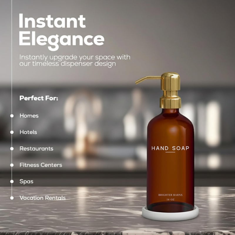Brighter Barns Luxury Glass Hand Soap Dispenser Bathroom Set by Brighter Barns - Refillable Liquid Hand Soap Dispenser Set for Kitchen - Gold Bathroom Decor and Accessories for Airbnb, Spa, Hotel, Gifts (Amber/Gold) - Image 2